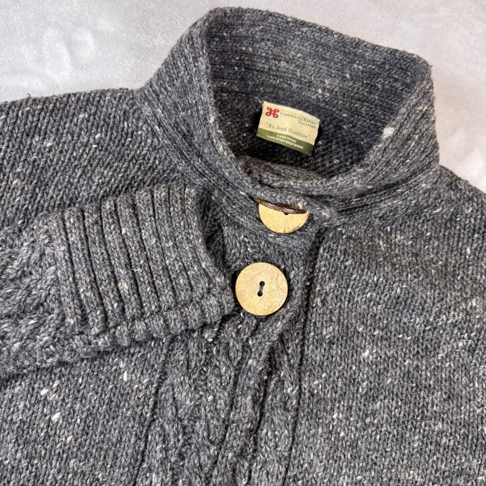 Carraig Donn Womens L Irish‎ Wool Cardigan Charcoal Grey Cable Knit Mock Neck